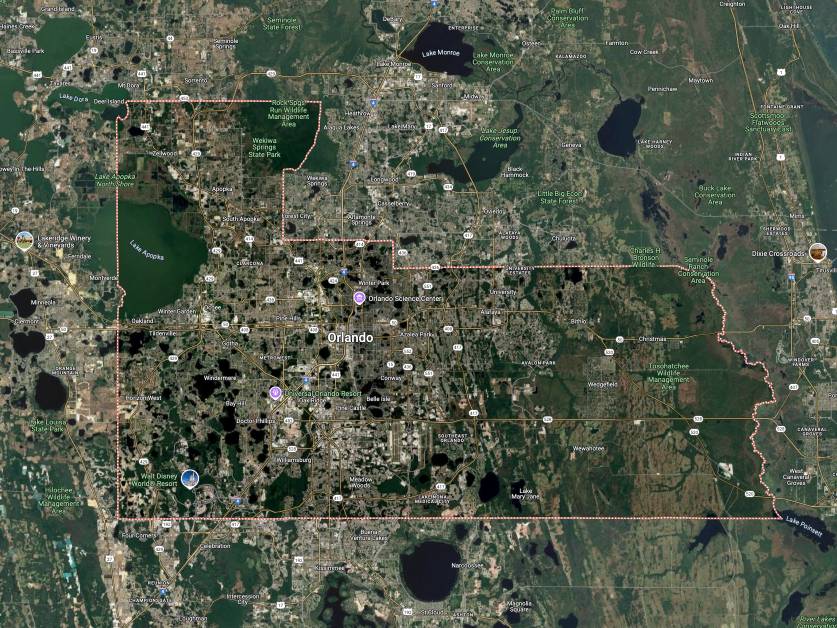 Image shows map of Orange County Florida where Eave & Gable Roofing provides roofing services