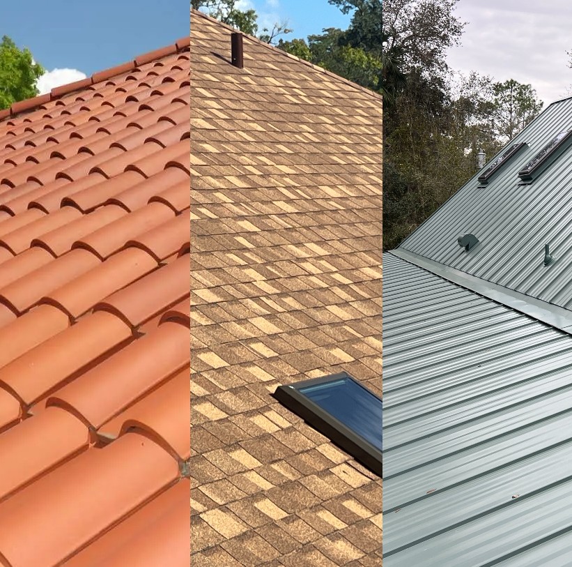 Image shows cross sections of tile, asphalt shingle and standing seam metal roofs