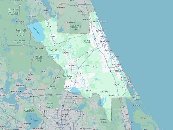 Image is of a map showing Volusia County Florida which is an area serviced by Eave & Gable Roofing.
